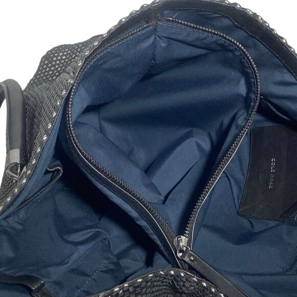 Cole Haan Genuine Leather Woven Black Silver Bag Tote Double Handle 13 x 11 x 6" - Picture 12 of 13